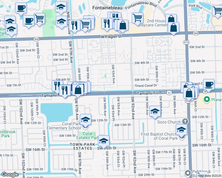 map of restaurants, bars, coffee shops, grocery stores, and more near 9331 Southwest 7th Lane in Miami