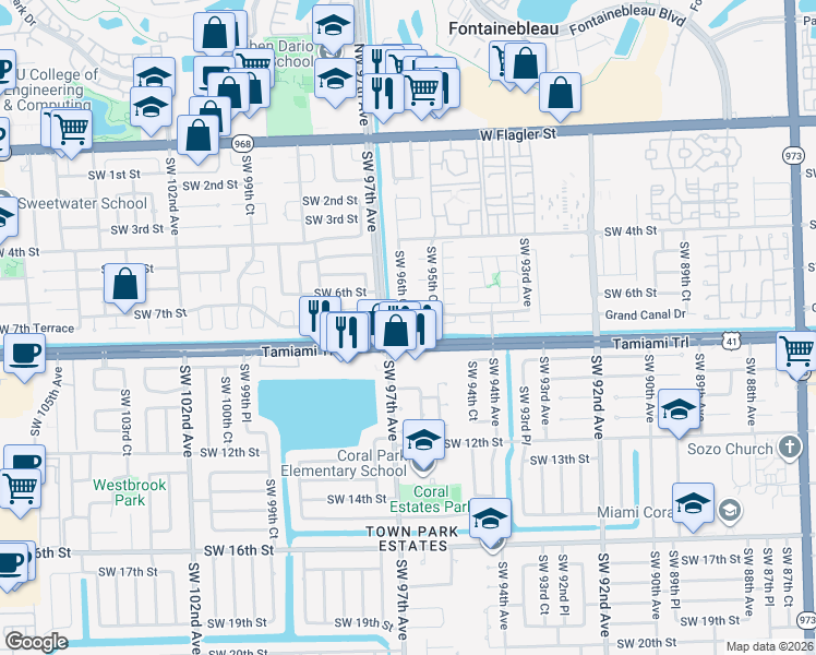 map of restaurants, bars, coffee shops, grocery stores, and more near 716 Southwest 96th Court in Miami