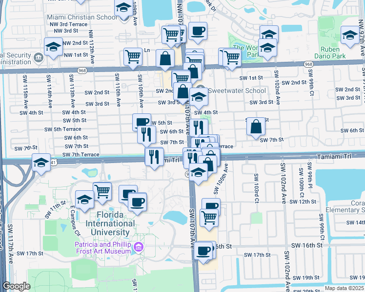map of restaurants, bars, coffee shops, grocery stores, and more near 10704 Southwest 7th Street in Miami