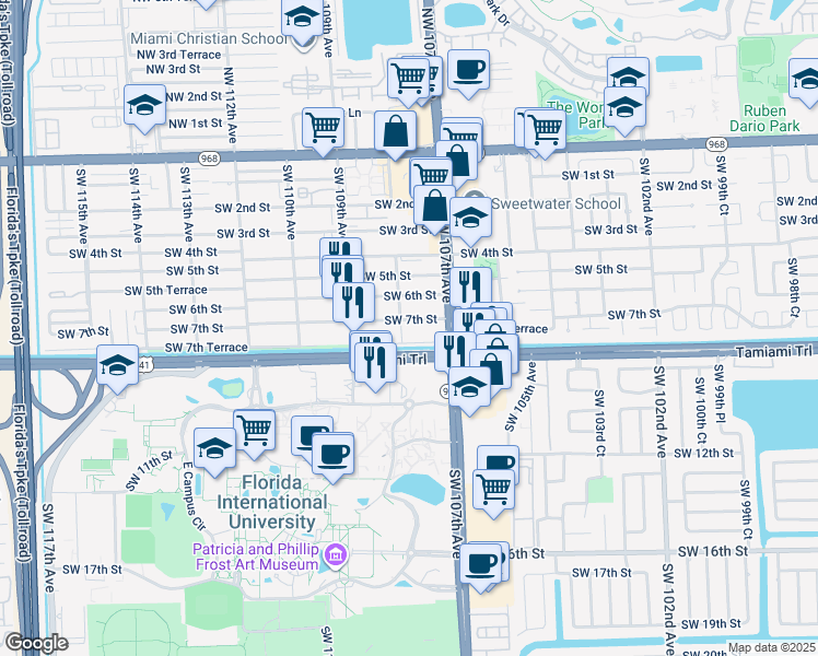 map of restaurants, bars, coffee shops, grocery stores, and more near 10764 Southwest 7th Street in Miami