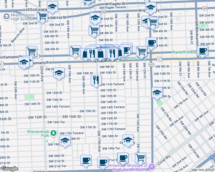 map of restaurants, bars, coffee shops, grocery stores, and more near 1624 Southwest 11th Terrace in Miami