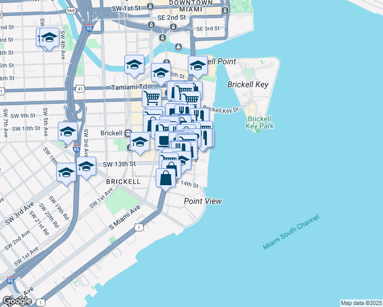 map of restaurants, bars, coffee shops, grocery stores, and more near 1111 Brickell Avenue in Miami