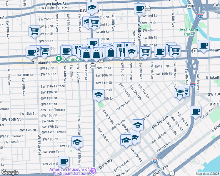 map of restaurants, bars, coffee shops, grocery stores, and more near 1115 Southwest 11th Avenue in Miami