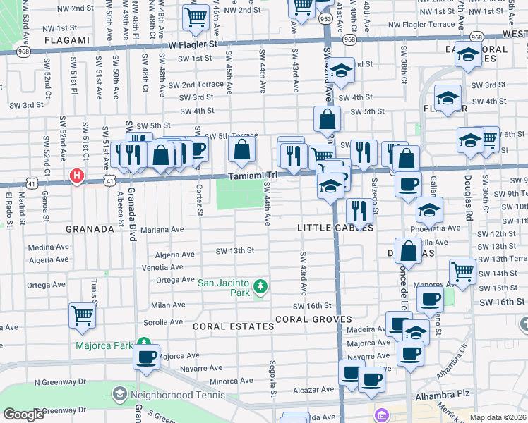 map of restaurants, bars, coffee shops, grocery stores, and more near 4440 Southwest 9th Lane in Miami