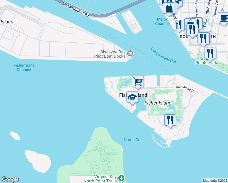 map of restaurants, bars, coffee shops, grocery stores, and more near 7021 Fisher Island Drive in Miami Beach