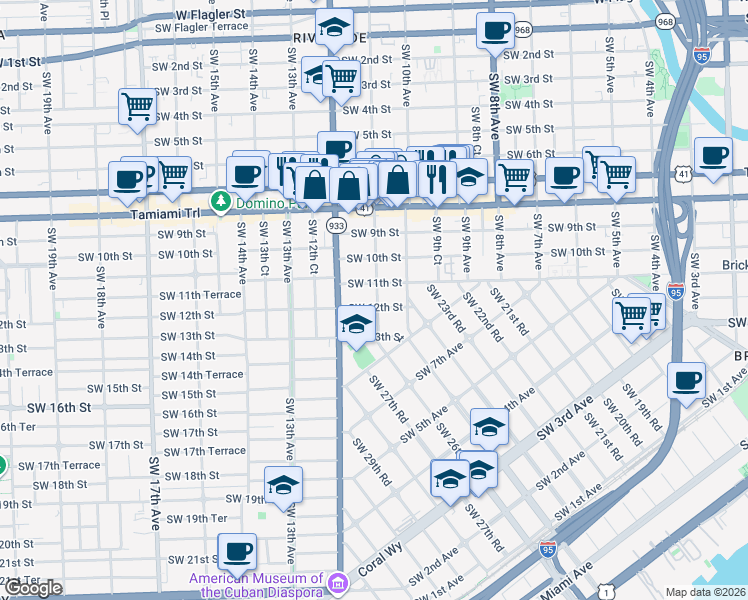 map of restaurants, bars, coffee shops, grocery stores, and more near 1115 Southwest 11th Avenue in Miami