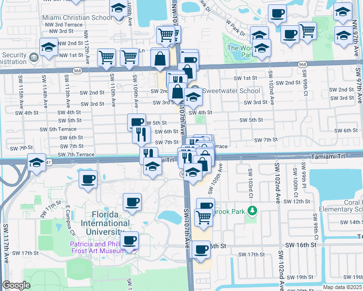 map of restaurants, bars, coffee shops, grocery stores, and more near 10704 Southwest 7th Street in Miami