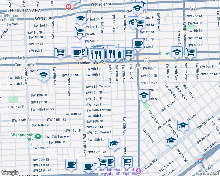 map of restaurants, bars, coffee shops, grocery stores, and more near 1400 Southwest 11th Terrace in Miami