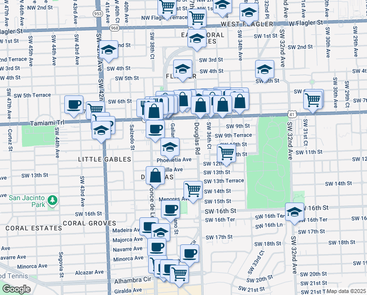 map of restaurants, bars, coffee shops, grocery stores, and more near 21 Santillane Avenue in Coral Gables