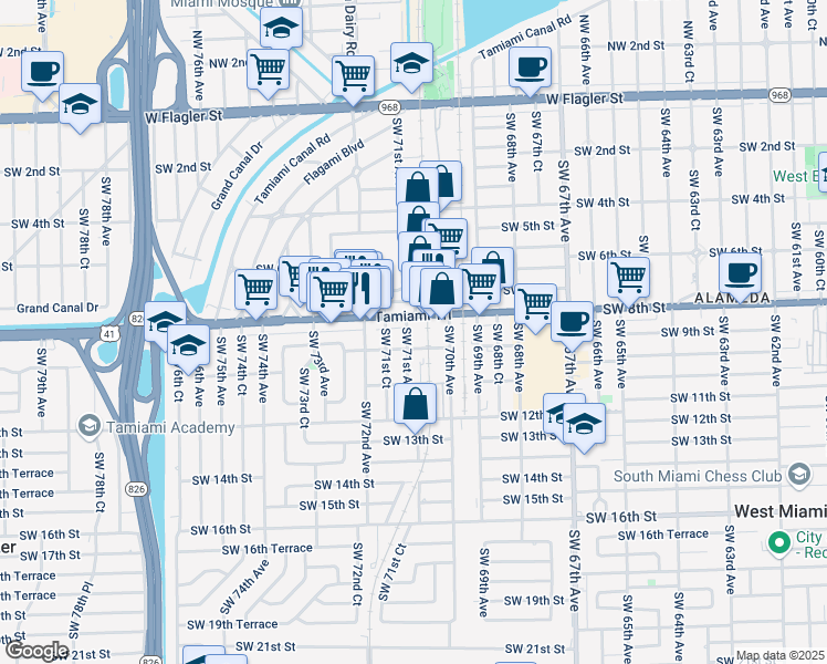 map of restaurants, bars, coffee shops, grocery stores, and more near 841 Southwest 71st Avenue in Miami