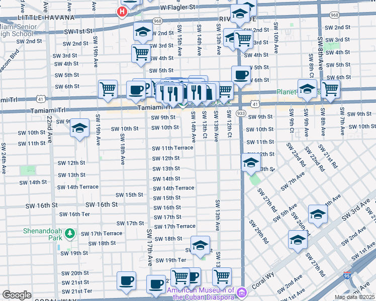 map of restaurants, bars, coffee shops, grocery stores, and more near 1400 Southwest 11th Terrace in Miami