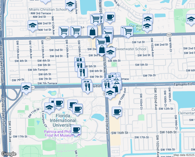 map of restaurants, bars, coffee shops, grocery stores, and more near 10764 Southwest 7th Street in Miami