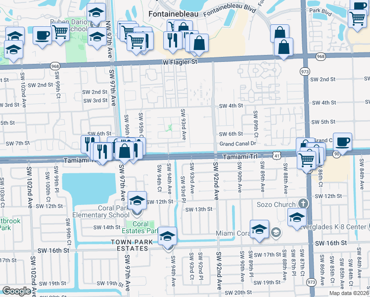 map of restaurants, bars, coffee shops, grocery stores, and more near 9331 Southwest 7th Lane in Miami