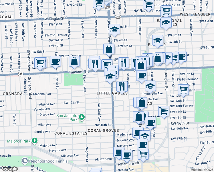 map of restaurants, bars, coffee shops, grocery stores, and more near 990 North Le Jeune Road in Coral Gables