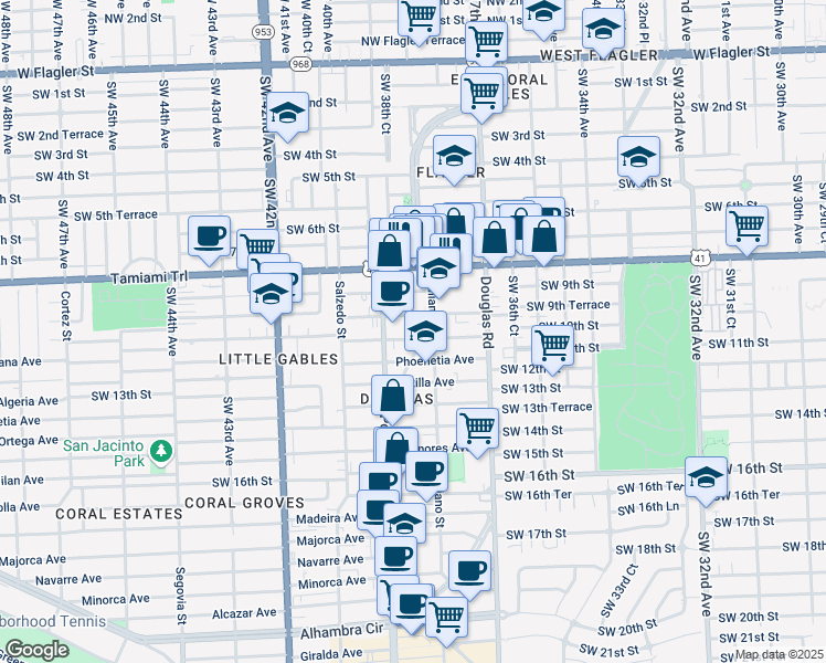 map of restaurants, bars, coffee shops, grocery stores, and more near 912 East Ponce De Leon Boulevard in Coral Gables