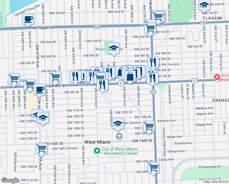 map of restaurants, bars, coffee shops, grocery stores, and more near 6002 Southwest 8th Street in West Miami
