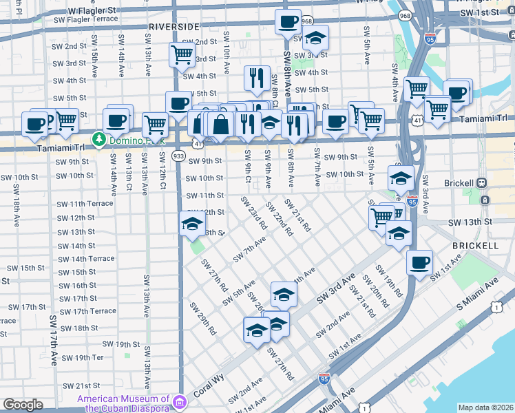 map of restaurants, bars, coffee shops, grocery stores, and more near 2250 Southwest 9th Avenue in Miami