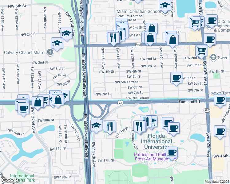 map of restaurants, bars, coffee shops, grocery stores, and more near 630 Southwest 114th Court in Miami
