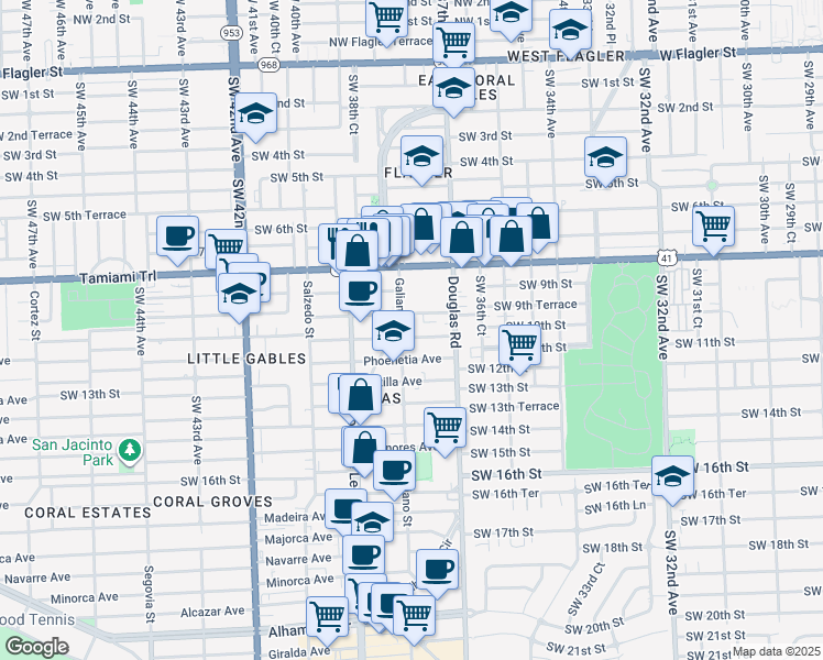 map of restaurants, bars, coffee shops, grocery stores, and more near 912 East Ponce De Leon Boulevard in Coral Gables