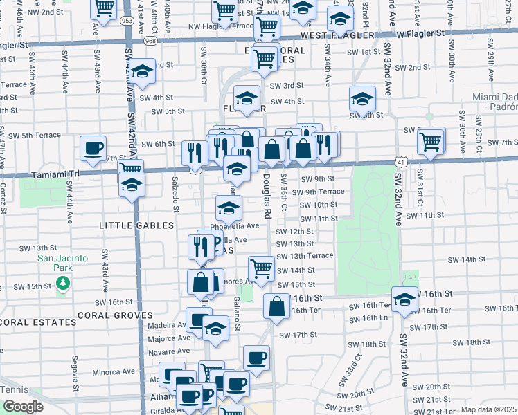 map of restaurants, bars, coffee shops, grocery stores, and more near 21 Santillane Avenue in Coral Gables