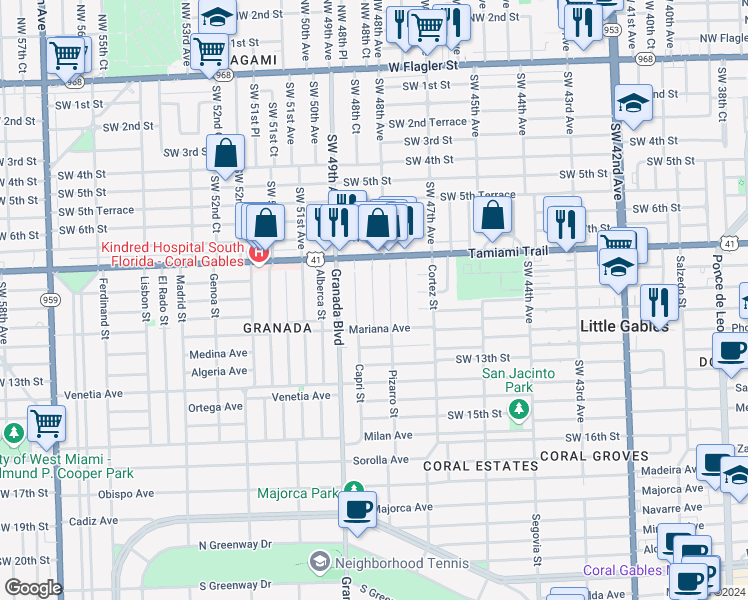 map of restaurants, bars, coffee shops, grocery stores, and more near Monterey Street in Miami