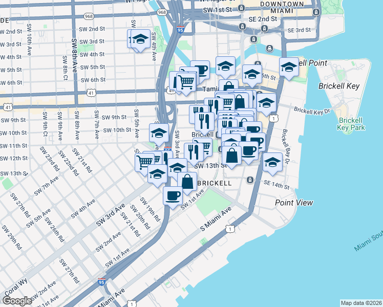map of restaurants, bars, coffee shops, grocery stores, and more near 1180 Southwest 2nd Avenue in Miami