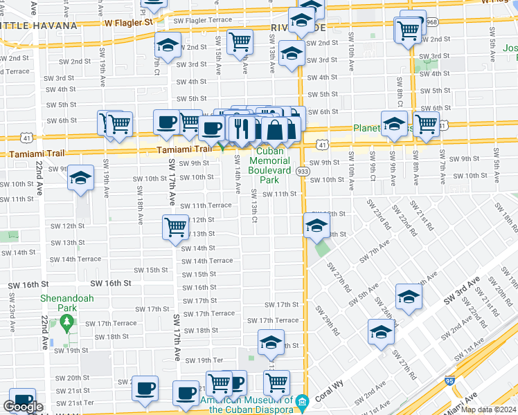 map of restaurants, bars, coffee shops, grocery stores, and more near 1127 Southwest 13th Court in Miami