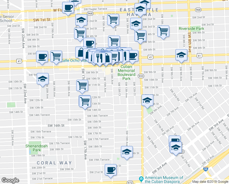 map of restaurants, bars, coffee shops, grocery stores, and more near 1400 Southwest 11th Terrace in Miami