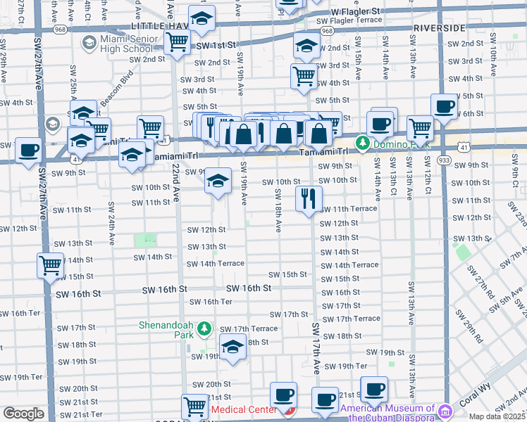 map of restaurants, bars, coffee shops, grocery stores, and more near 1871 Southwest 11th Terrace in Miami