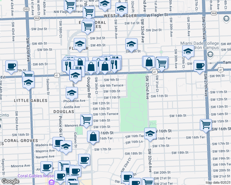 map of restaurants, bars, coffee shops, grocery stores, and more near 3450 Southwest 10th Street in Miami