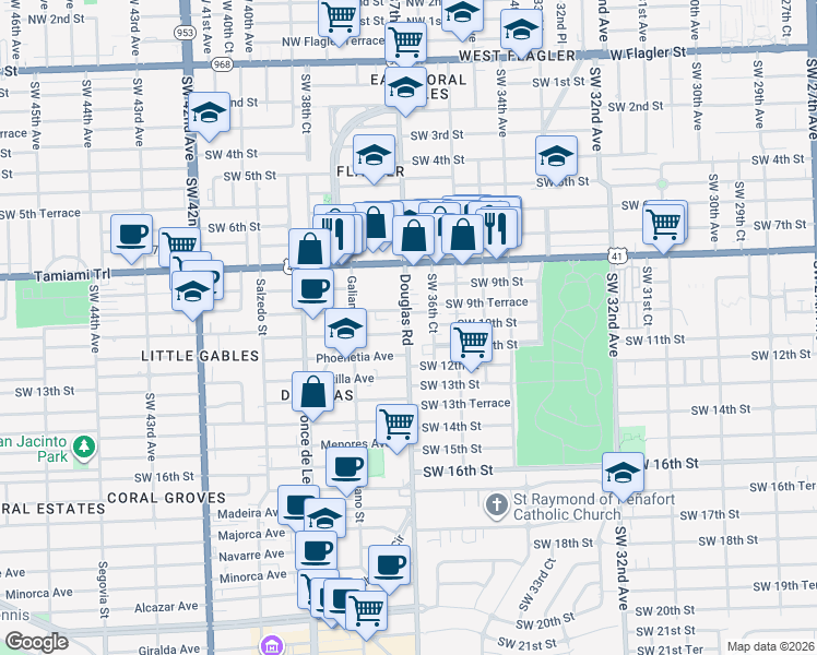 map of restaurants, bars, coffee shops, grocery stores, and more near 990 Southwest 36th Court in Miami