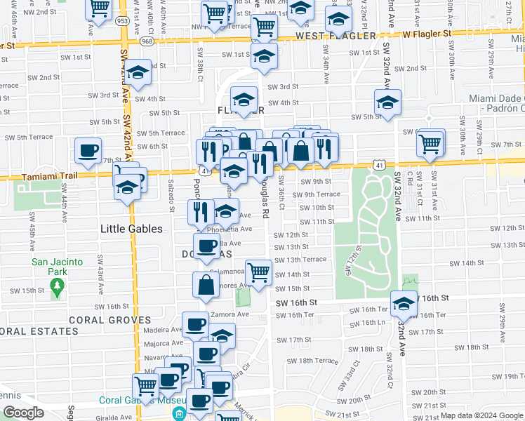 map of restaurants, bars, coffee shops, grocery stores, and more near 990 Southwest 36th Court in Miami