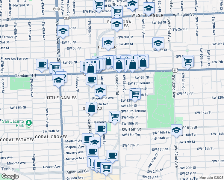 map of restaurants, bars, coffee shops, grocery stores, and more near 21 Santillane Avenue in Coral Gables