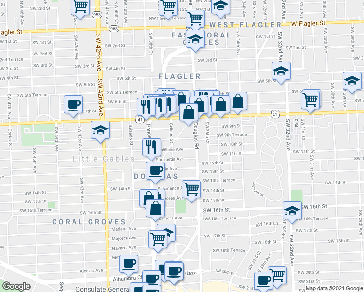 map of restaurants, bars, coffee shops, grocery stores, and more near 21 Santillane Avenue in Coral Gables
