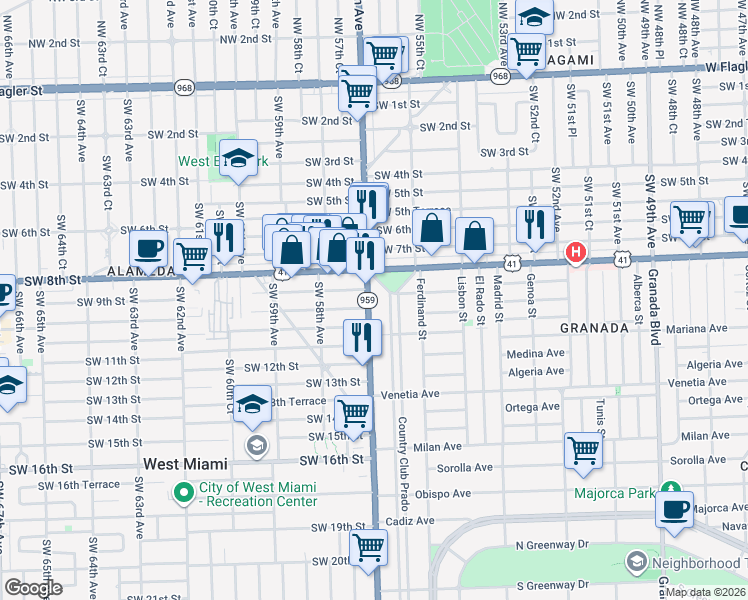 map of restaurants, bars, coffee shops, grocery stores, and more near 907 Southwest 57th Avenue in West Miami