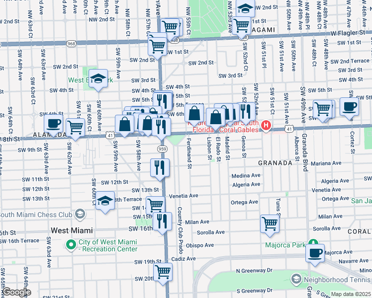 map of restaurants, bars, coffee shops, grocery stores, and more near 904 Ferdinand Street in Coral Gables