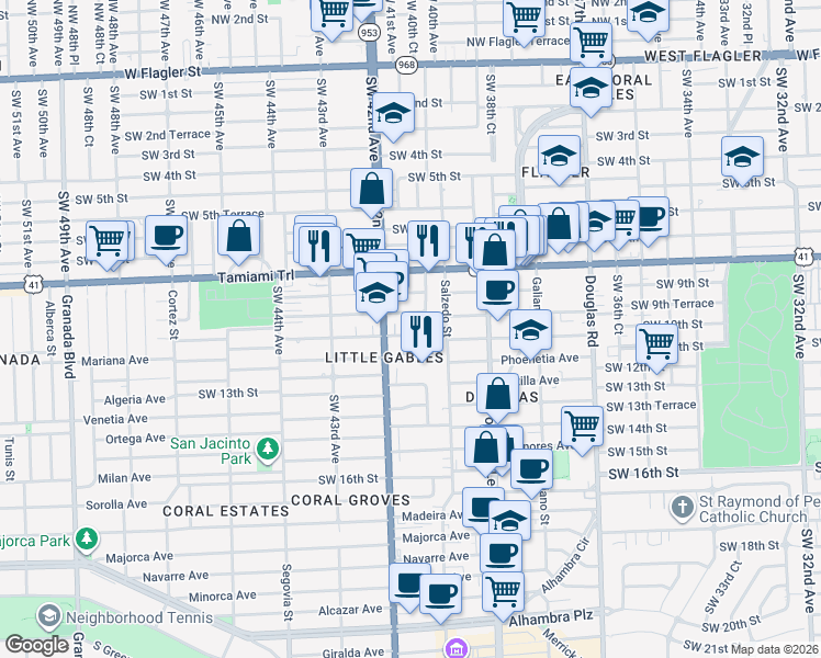 map of restaurants, bars, coffee shops, grocery stores, and more near 4005 Southwest 10th Street in Miami