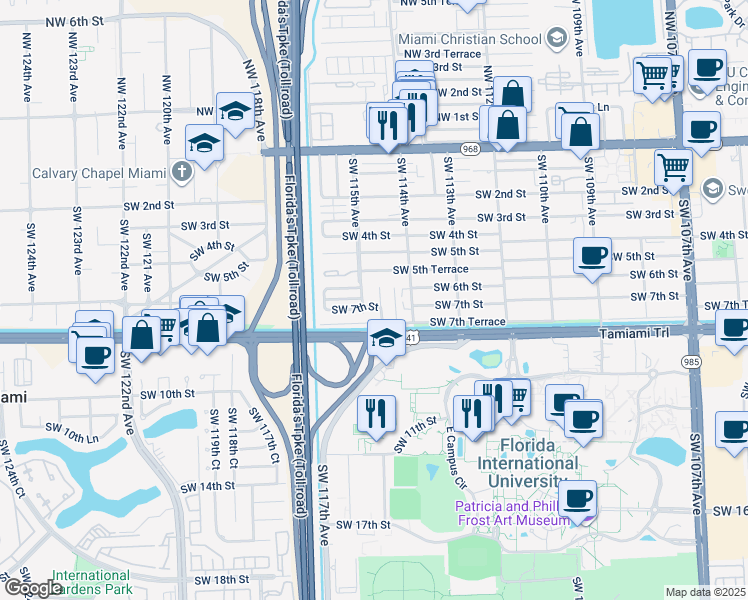 map of restaurants, bars, coffee shops, grocery stores, and more near 630 Southwest 114th Court in Miami
