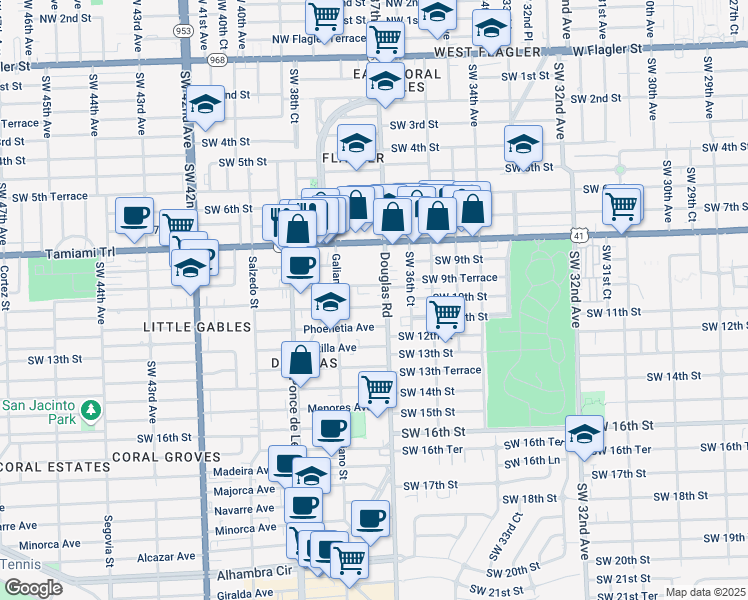map of restaurants, bars, coffee shops, grocery stores, and more near 21 Santillane Avenue in Coral Gables