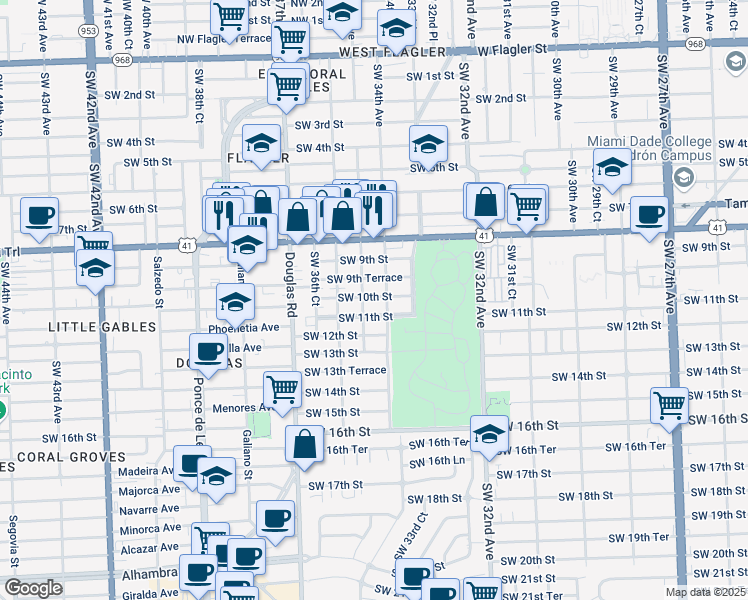 map of restaurants, bars, coffee shops, grocery stores, and more near 3450 Southwest 10th Street in Miami