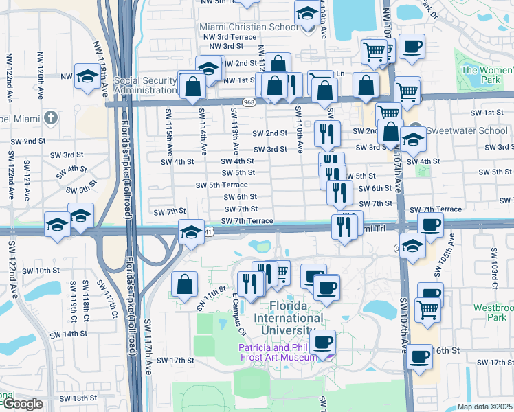 map of restaurants, bars, coffee shops, grocery stores, and more near 11255 Southwest 7th Street in Miami