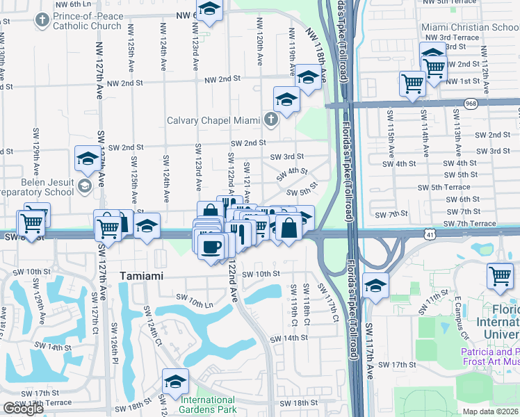 map of restaurants, bars, coffee shops, grocery stores, and more near 590 Southwest 120th Avenue in Miami