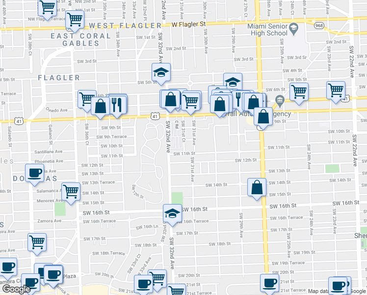 map of restaurants, bars, coffee shops, grocery stores, and more near 923 Southwest 31st Court in Miami