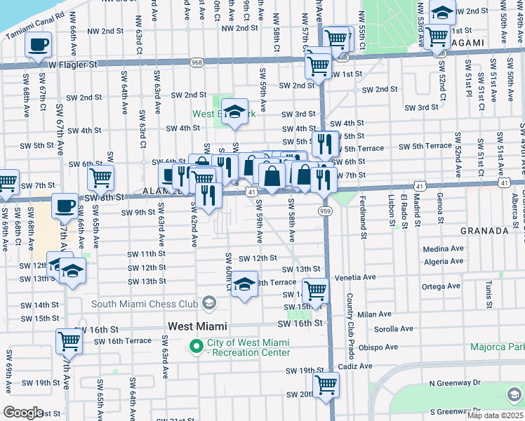 map of restaurants, bars, coffee shops, grocery stores, and more near 921 Southwest 59th Avenue in West Miami