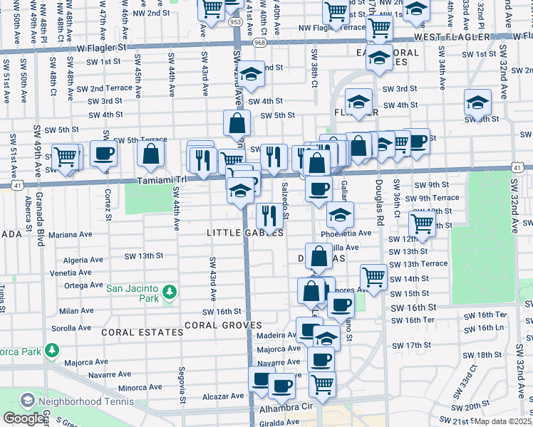 map of restaurants, bars, coffee shops, grocery stores, and more near 4005 Southwest 10th Street in Miami