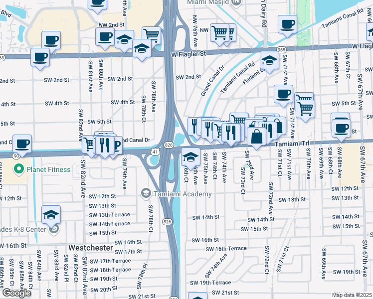 map of restaurants, bars, coffee shops, grocery stores, and more near 7648 Southwest 8th Street in Miami