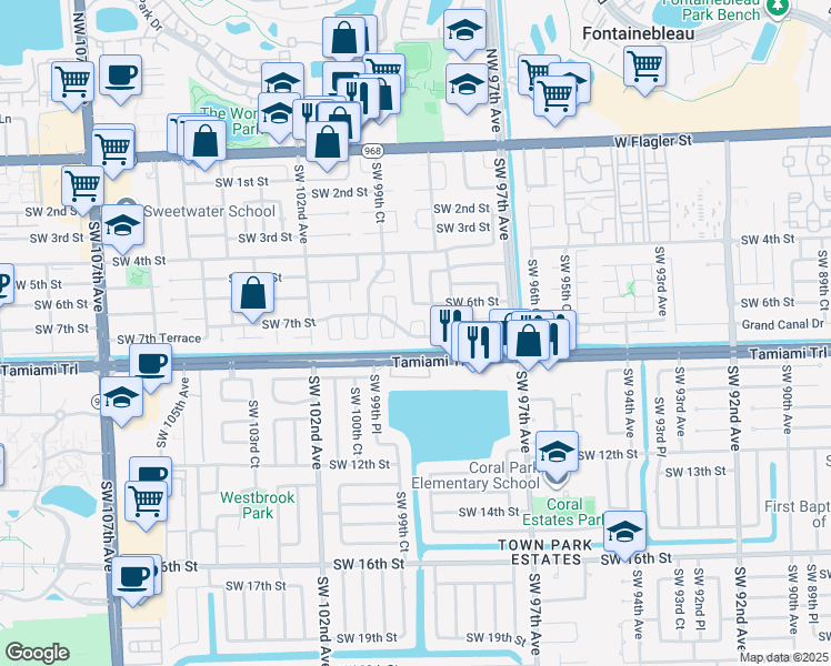 map of restaurants, bars, coffee shops, grocery stores, and more near 750 Southwest 98th Place in Miami