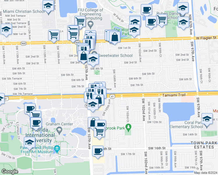map of restaurants, bars, coffee shops, grocery stores, and more near 10445 Southwest 7th Terrace in Miami