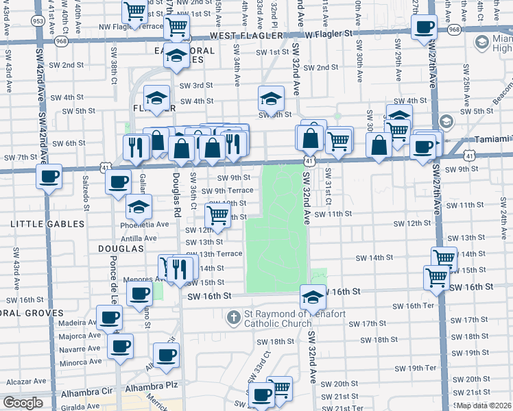 map of restaurants, bars, coffee shops, grocery stores, and more near 3300-3302 Southwest 10th Street in Miami