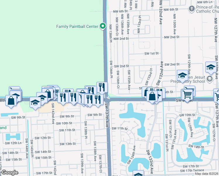 map of restaurants, bars, coffee shops, grocery stores, and more near 510 Southwest 136th Place in Miami